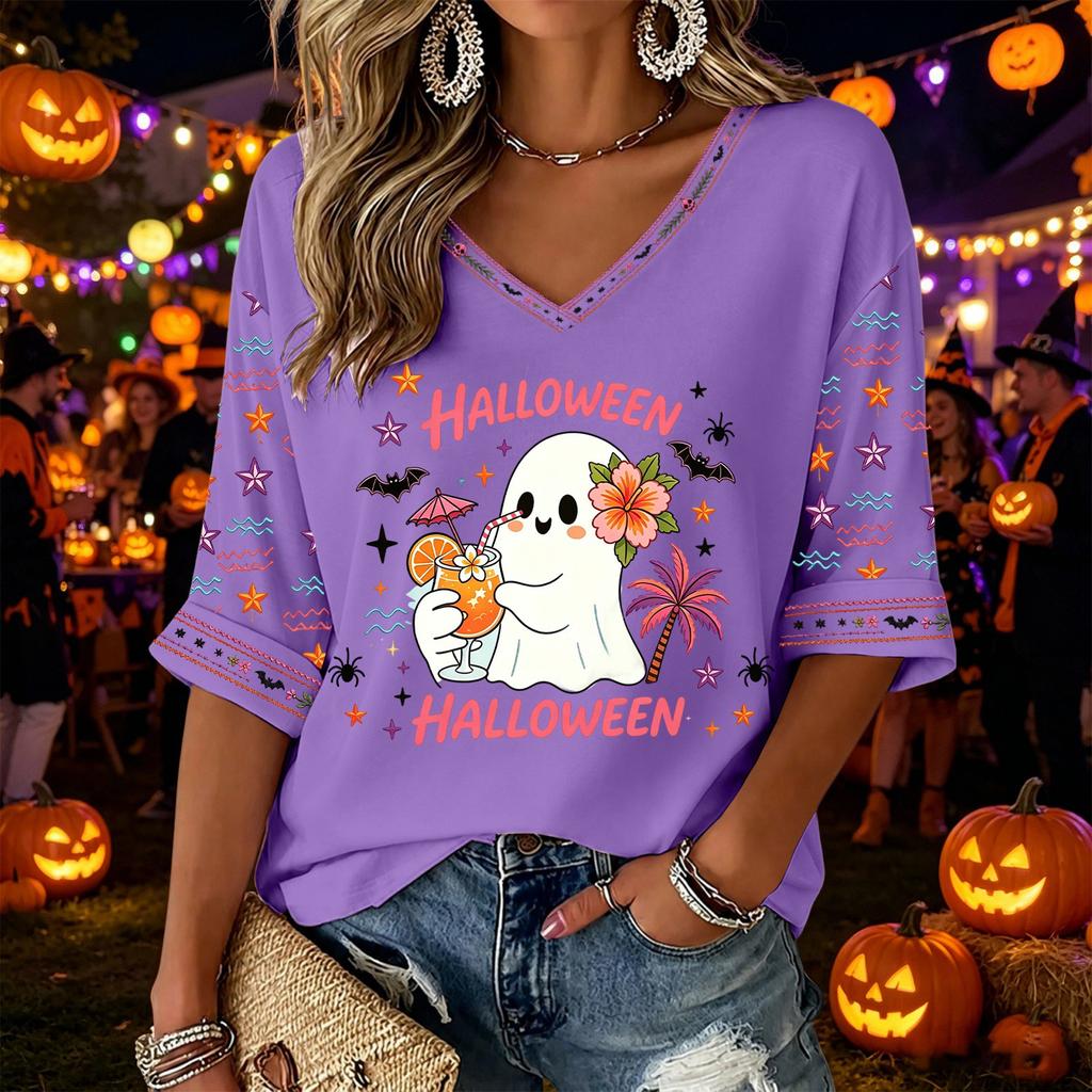 Women's V-Neck Three-Quarter Sleeve Halloween Print Blouse for Costume Party Seasonal Wear