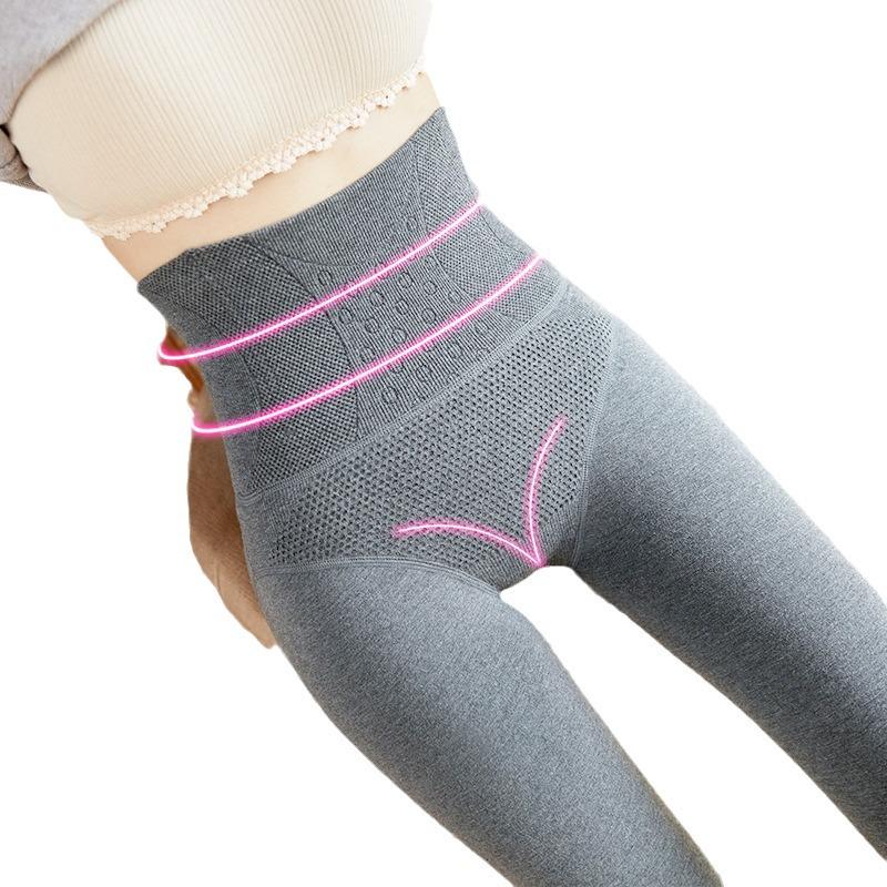 Women's High-Waist Fleece-Lined Cotton Leggings with Tummy Control - Slimming Black Autumn & Winter Pants