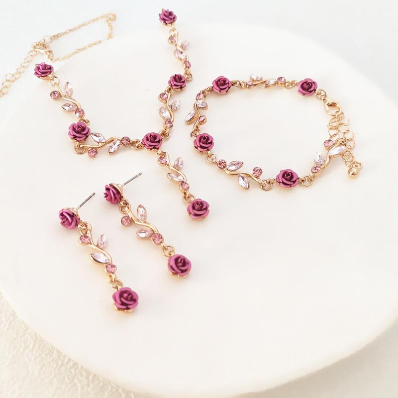 Fashion French Romantic Rose Flower Necklace Bracelet Earring For Women Jewelry Accessries Gifts