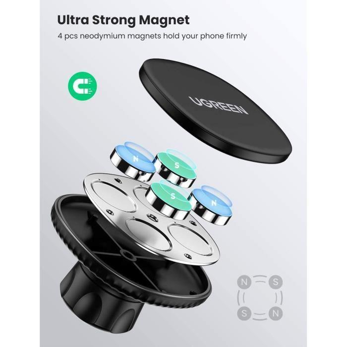 Support Téléphone - UGREEN - Magnétique - Rotation 360 Degrés - Compatible 4,7 à 7,2 pouces - Noir