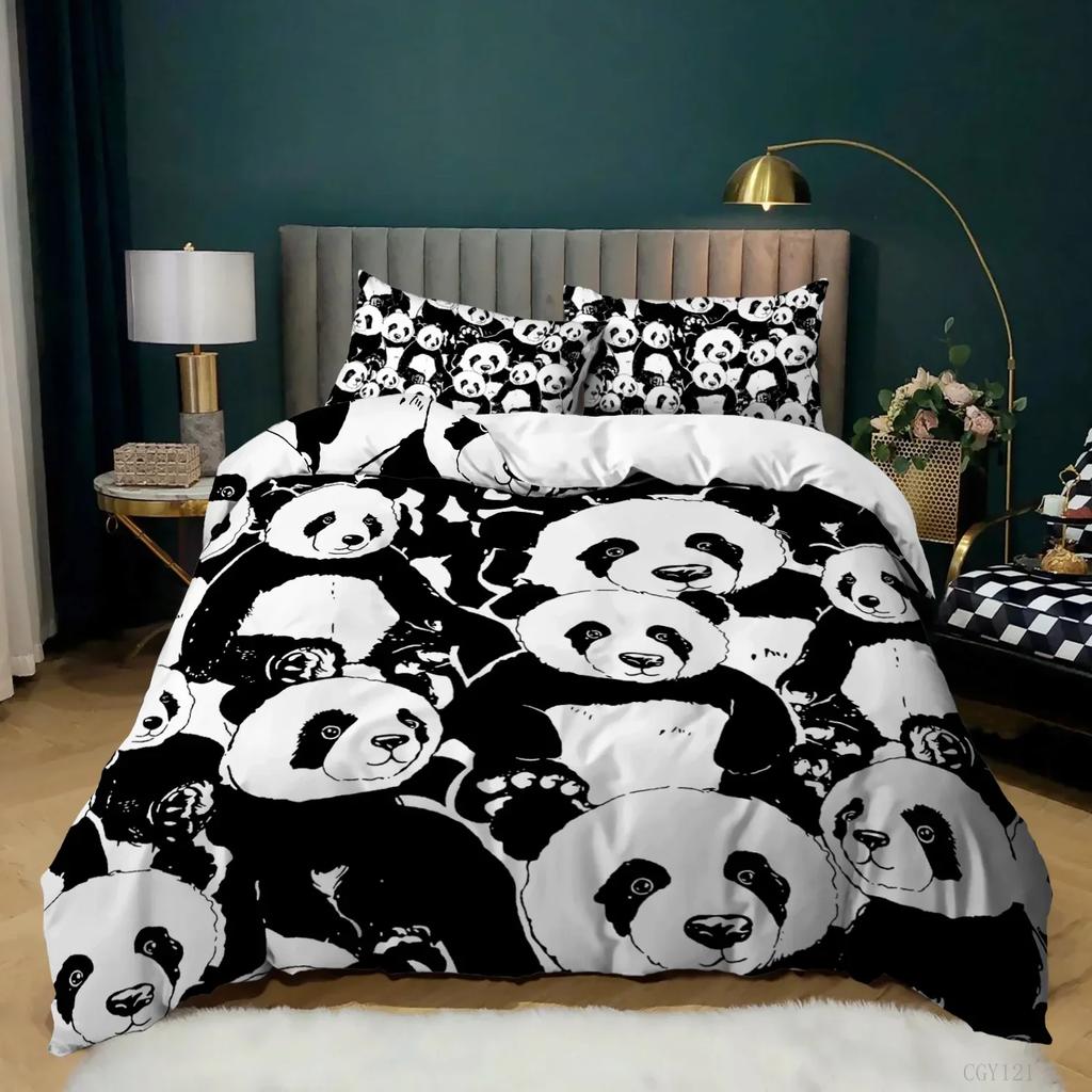 Panda Sengetøj Tegneserie Panda Printet Sengetøjssæt Til Børn Drenge Piger Mikrofiber Sødt Dyre Dynebetræk 2/3 Dele Fuld Størrelse