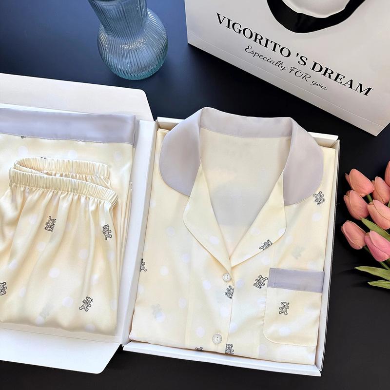 Bubble Bear Ice Silk Pajamas Spring And Summer Girl Style Thin Long-Sleeved Casual Loungewear