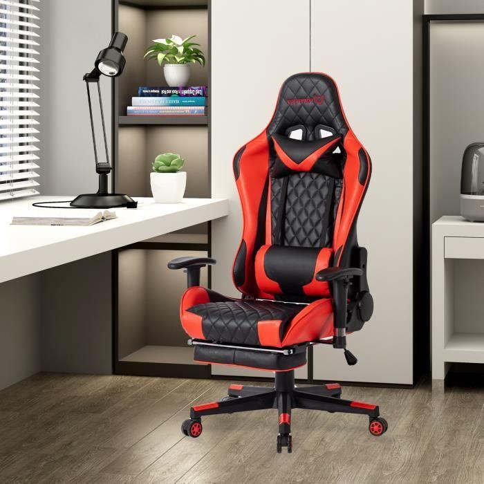 Chaise Gamer - Foxsport - Ergonomique - Repose-pieds Télescopique - Accoudoirs Réglables - Cuir Rouge