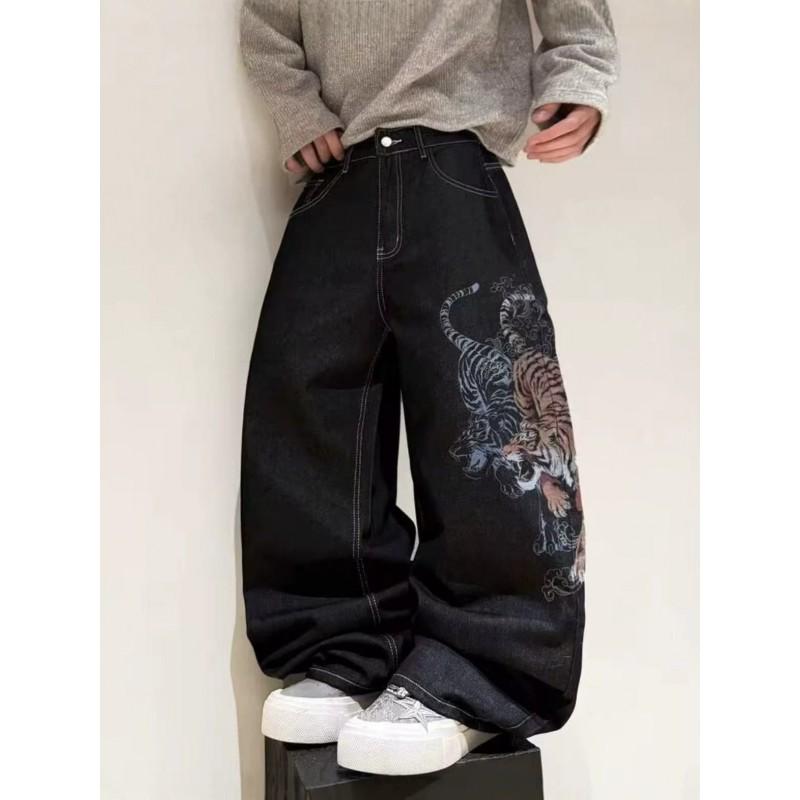 2026 High-Waisted Loose Straight Leg Denim Jeans Men Print Design Casual Streetwear