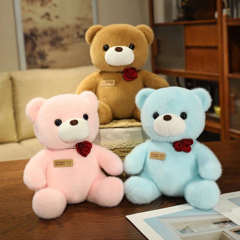 25cm Kawaii Colorful Bow Tie Bear Doll Plush Toy Stuffed Bear with Rose Animal Doll Birthday Gift Pillow for Girls Children