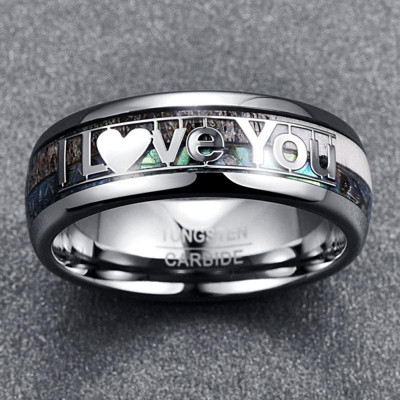 8mm Abalone Shell And Antler Inlay Tungsten Carbide Rings “I LOVE YOU” Men Women Wedding Bands Anniversary Gift