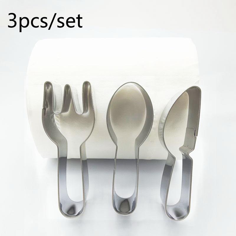 Cute Knife Fork Spoon Shaped Cookie Cutters Tableware Biscuits Moulds Stamps Stainless Steel Fondant Embossing Baking Tools