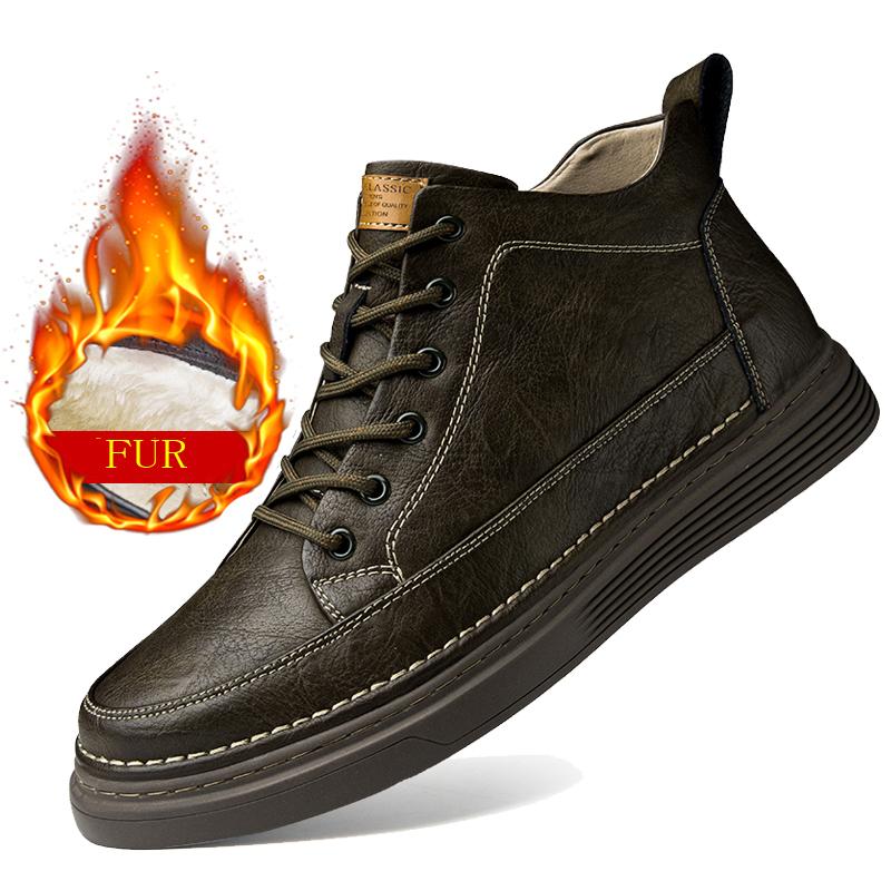 Men's Genuine Leather Winter Ankle Boots Plus Velvet High Top Thick Sole Casual Snow Sneakers