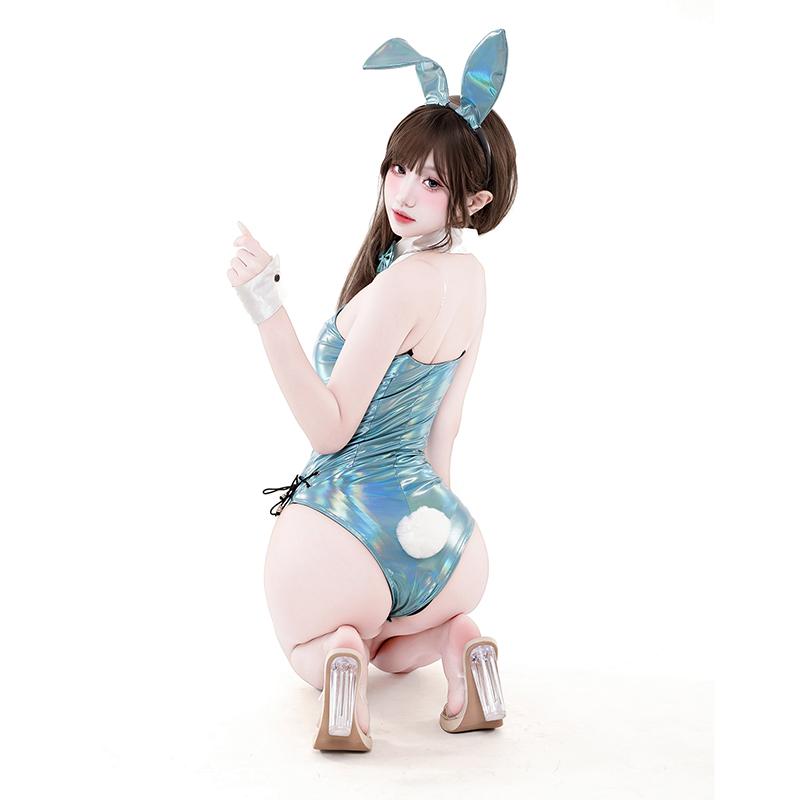 Erotic Original Design Sexy Cute Bunny Girl Cosplay Jumpsuit Anime Laser Patent Leather Bodysuit Girl Halloween Party Uniform