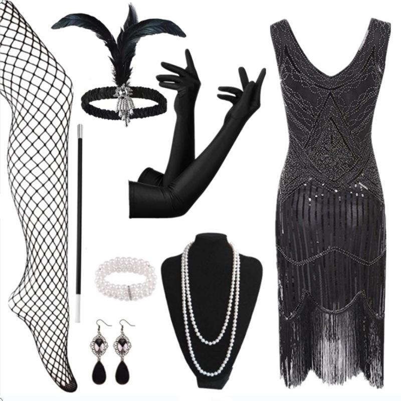 1920s Gatsby-Inspired Sequin Tassel Evening Dress M