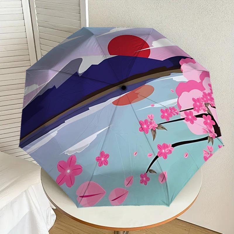 1pc Mount Fuji Cherry Blossoms Automatic Folding Umbrella 8 Rib Iron Frame,  Suitable for Travel, Daily Use, Birthday, Women & Men Gift C1231051