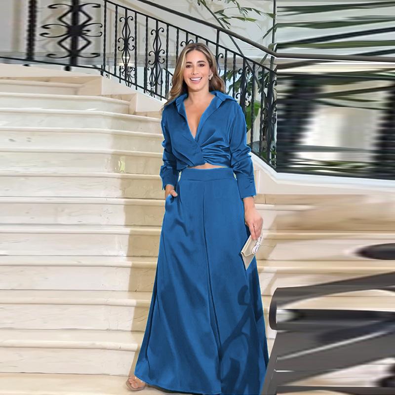 

Женский комплект Danmo, рубашка и брюки, элегантный модный комплект из 2 предметов с v-образным вырезом и длинным рукавом, с высокой талией, офисные женские повседневные брючные костюмы XS синий