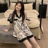 Premium Silver Powder Cartoon Ice Silk Pajamas Women'S Summer Short-Sleeved Loose And Comfortable Loungewear Set