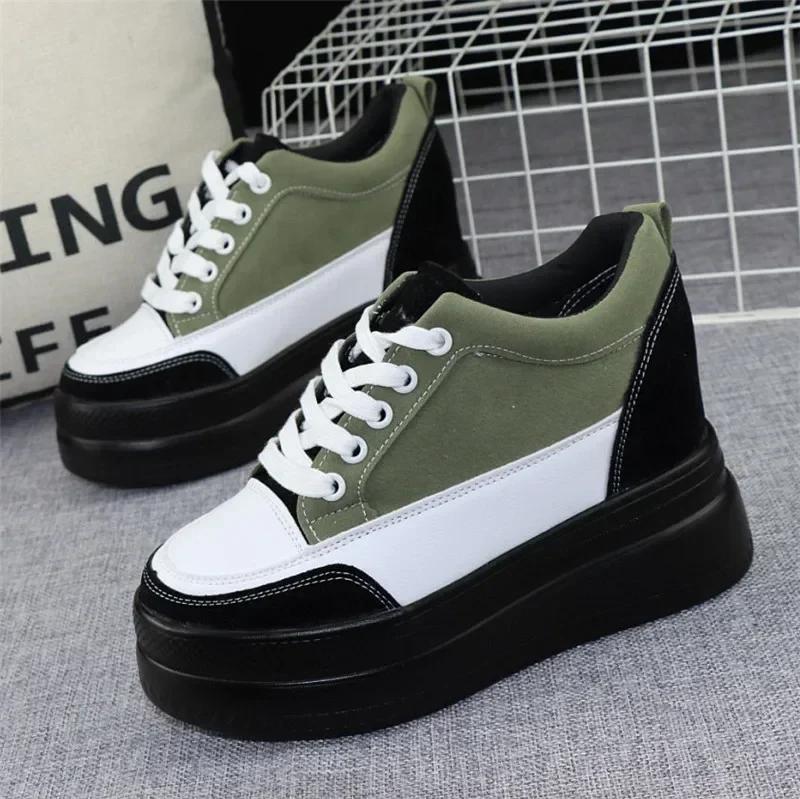 Fashion 2025 Spring New Mixed Color Shoes 10CM Women's Shoes with Thick Bottom Height Increase All-match Slim Black Casual Sports Shoes