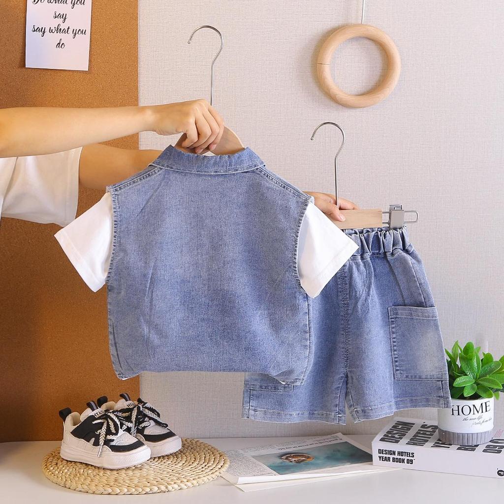 Boys' Korean Style Three-Piece Summer Set: Denim Vest, Stylish Double Pocket, Cool Street Fashion Short Sleeve.