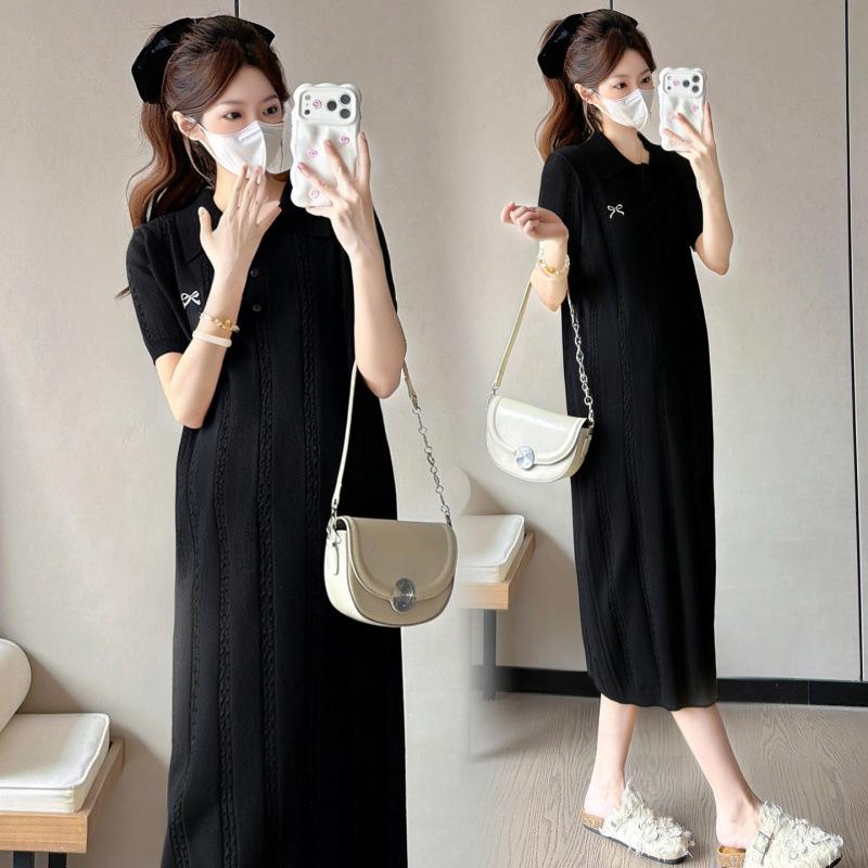 2026 Maternity Summer Dress: French Short Sleeve, Loose Cable Knit, Polo Collar, Long Skirt L