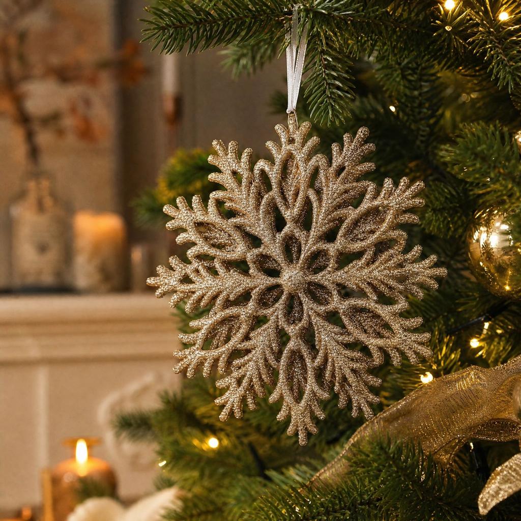 Christmas Tree Ornaments with Gold Glitter Snowflake, 3D Hollow Plastic Double-Sided Christmas Decorations for Holiday Display