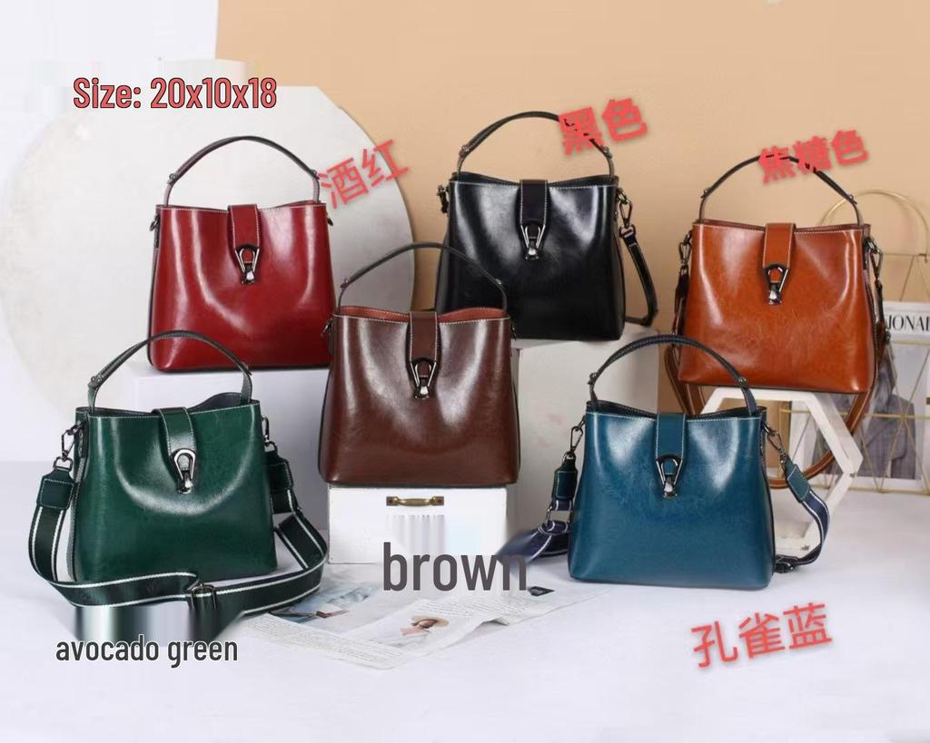 Korean Style Genuine Leather Double Strap Crossbody Bucket Bag