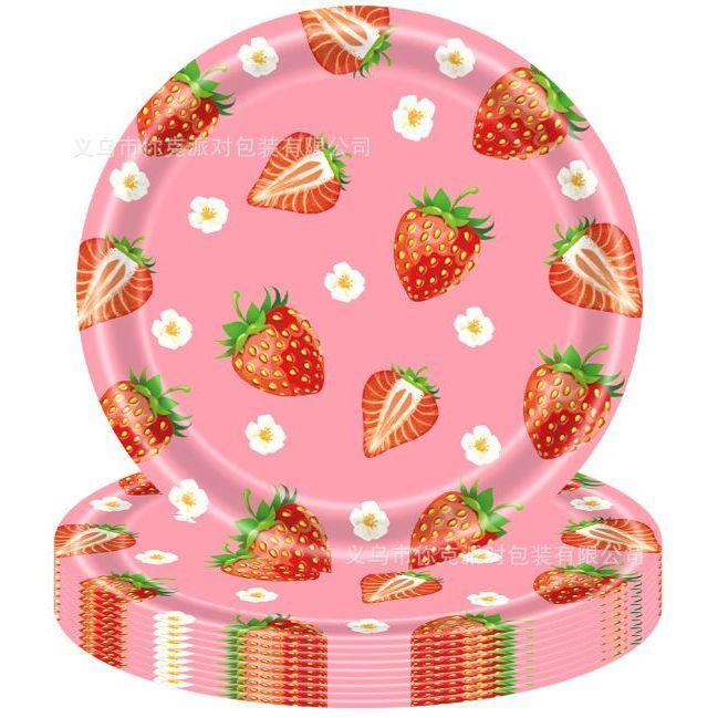 Cute Strawberry Disposable Tableware Set Kids Birthday Party Plates Cups Tablecloth Decor