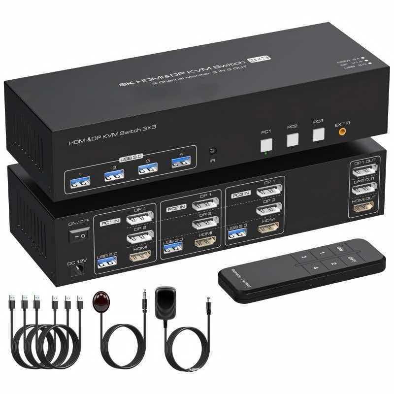 8K 60Hz HDMI+DP 3-Port KVM Switch with USB 3.0