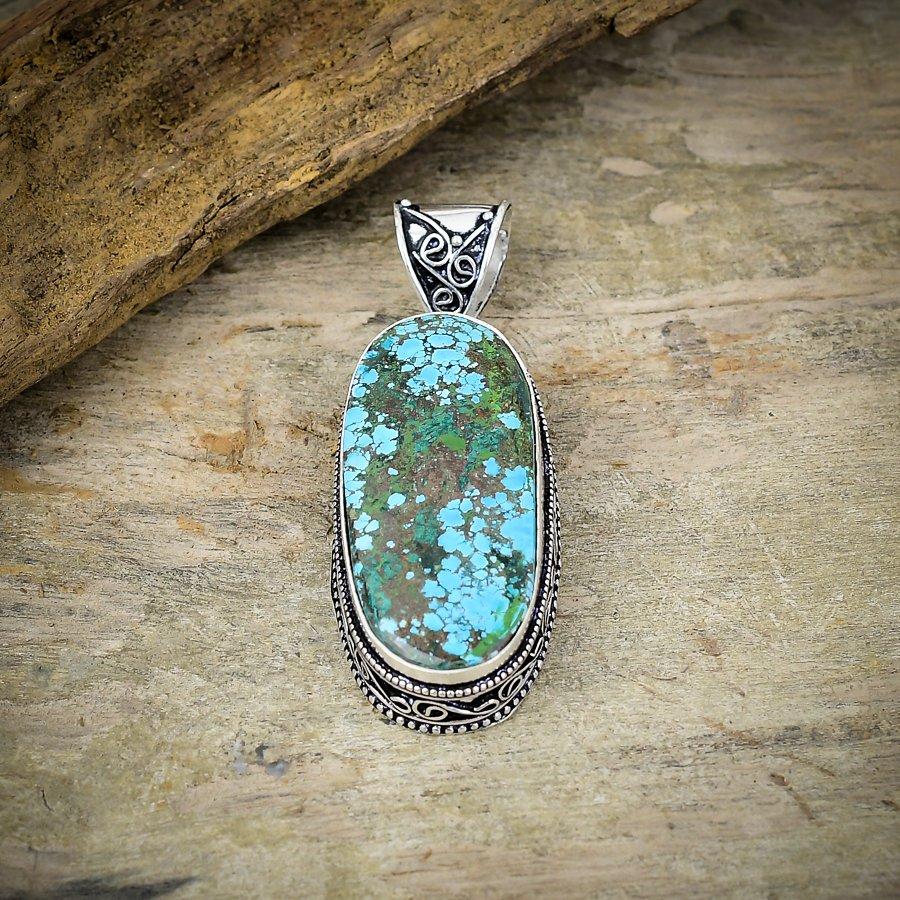 Tibetan Turquoise Gemstone 925 Sterling Silver Jewelry Pendant 2.36" M-161
