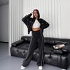 Women Winter 2 Piece Suit Half High Collar Zip Up Long Sleeve Top Elastic Waist Wide Leg Pocket Trousers