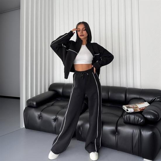 Women Winter 2 Piece Suit Half High Collar Zip Up Long Sleeve Top Elastic Waist Wide Leg Pocket Trousers