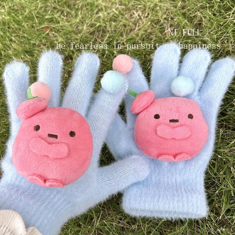 Miffy Rabbit sea salt blue bone girly gloves, cute plush and faux mink, warm split-finger gloves for women