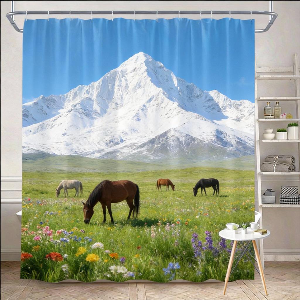 Nature Shower Curtain 180x180cm – Serene Mountain Landscape with River & Pines, Scenic Bathroom Decor, 12 Hooks