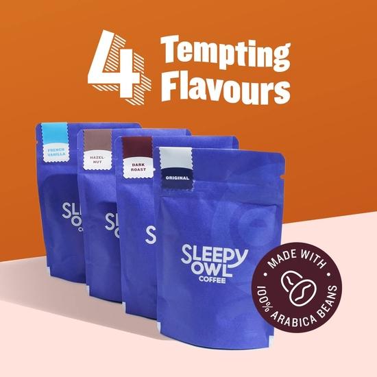 Sleepy Owl Ground Coffee Bag For French Press Sampler Pack | 50G X 4 Flavours - Dark Roast, Original Medium Roast, French Vanilla & Hazelnut