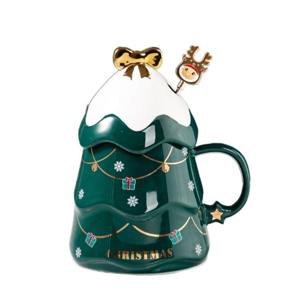 with Lid and Spoon Christmas Tree Ceramic Mug Ceramic Christmas Coffee Cup Decorative   Beer