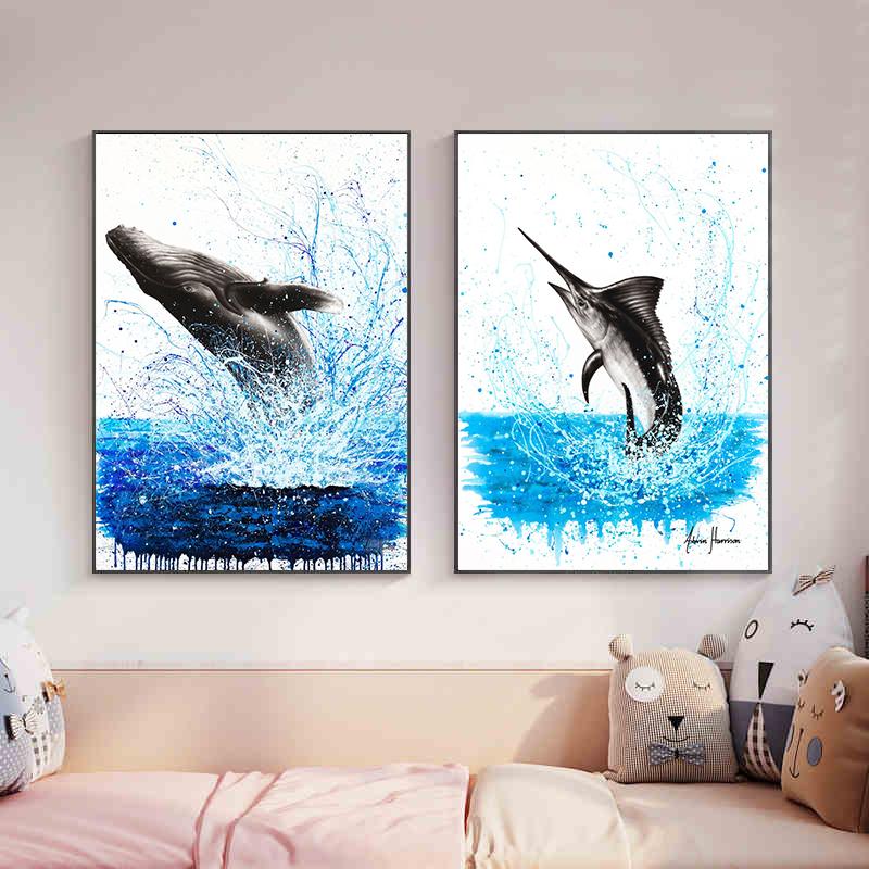 Abstract Ocean Animals Posters Canvas Painting Dancing Marlin Dolphin Fish Wall Picture Minimalist Print Livinig Room Home Decor