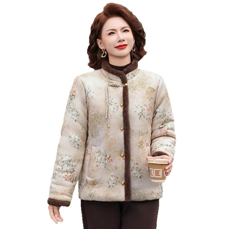2025 New Style Winter Velvet Cotton Jacket for Middle-Aged & Elderly Women: Short, National & New Chinese Style.