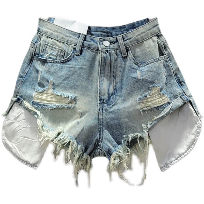 European Station Summer New Beggar Ripped Denim Shorts Women's High Waist Skinny Spice Girls A-word Burr Hot Pants