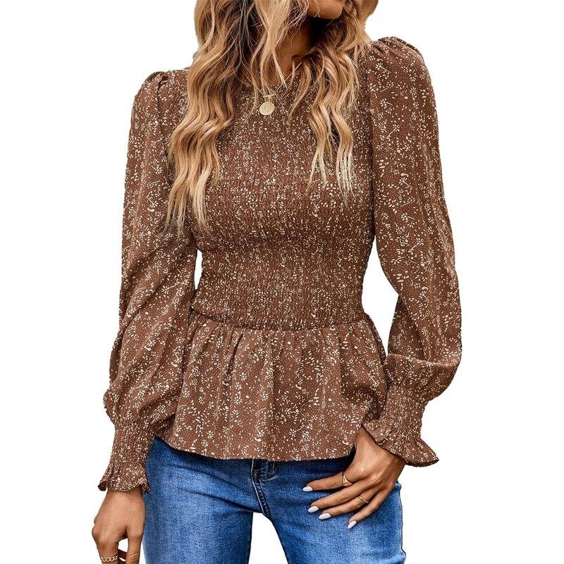 Топы с милыми оборками, блузка с цветочным принтом, женская рубашка с круглым воротником, осень-весна 2022, женская блузка с длинными рукавами, одежда 23014 XXL темно-коричневого