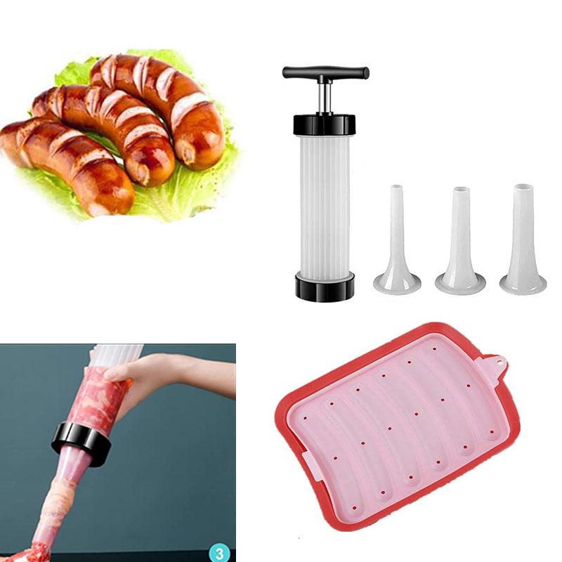 Manual Sausage Maker and Silicone Sausage Mold DIY Non-Stick Sausage Stuffer with Nozzles for Homemade Sausages Kitchen Tools