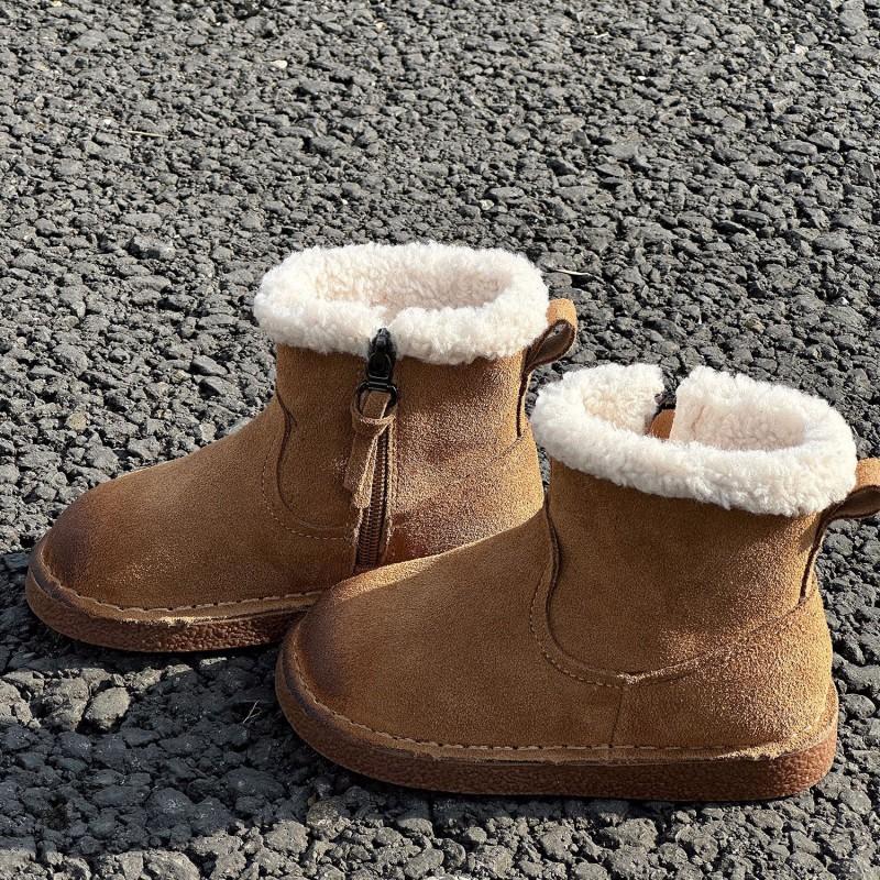 Kids Winter Snow Boots Boys Girls Genuine Leather Ankle With Faux Shearling Lining Warm Cotton Sole