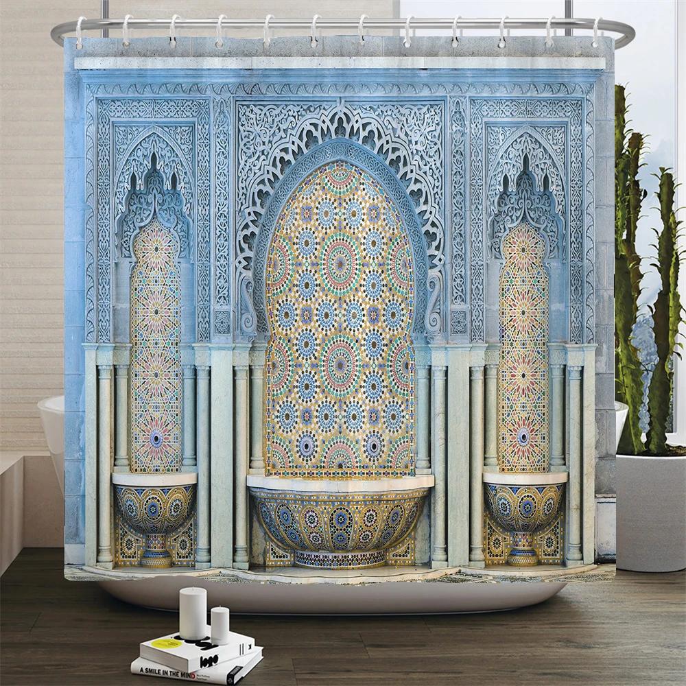 3D Moroccan Style Shower Curtain European Architectural Landscape Printed Waterproof Polyester Bathroom Curtain Decor With Hooks
