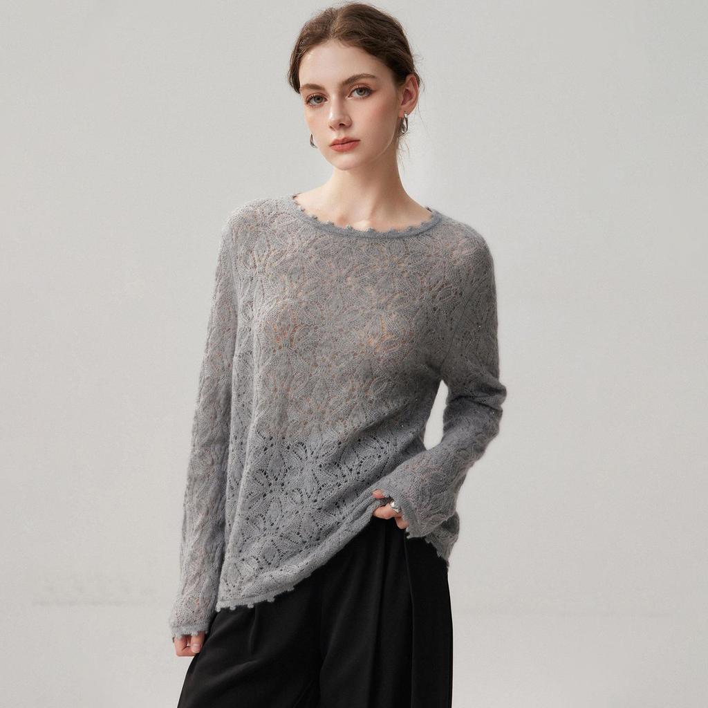 2026 Spring/Autumn Sequin Cashmere Round Neck Knitwear: Women's Long Sleeve Crochet Loose Top