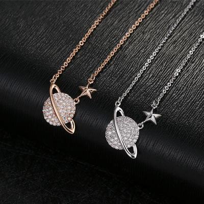Real 925 Sterling Silver Crystal Planet Star Charm Pendant Necklace For Women Choker Collares Wedding Party Jewelry Gift