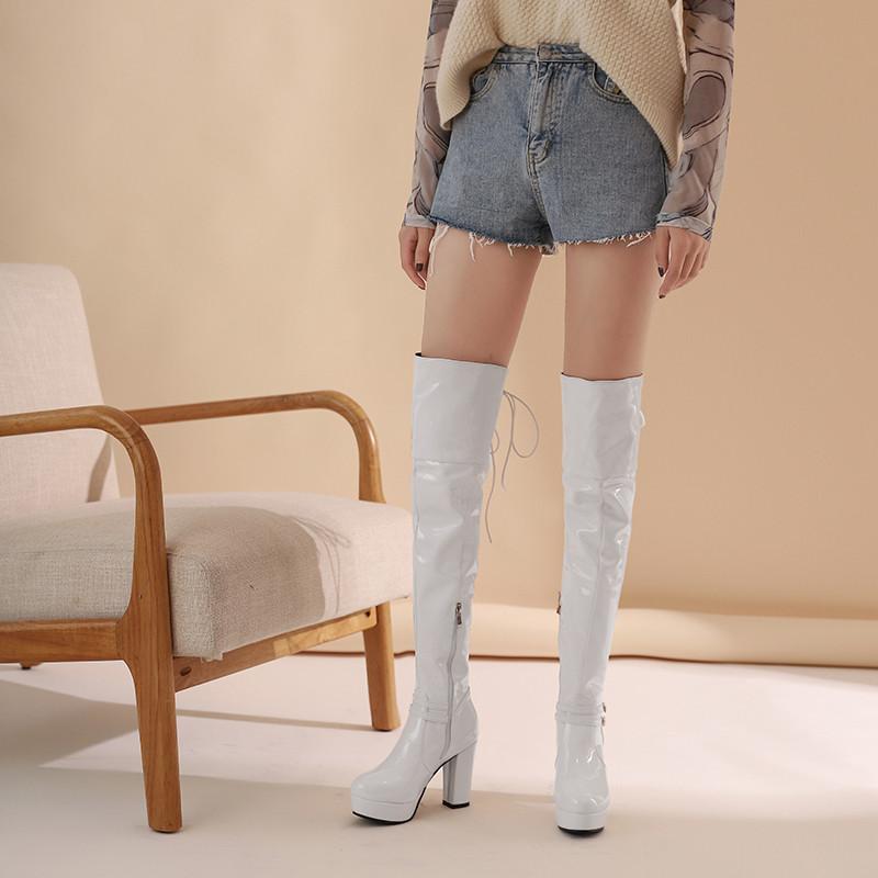 Dámské boty na vysokém podpatku podzimní a zimní klasické voděodolné platformové silný podpatek plus kozačky nad koleno