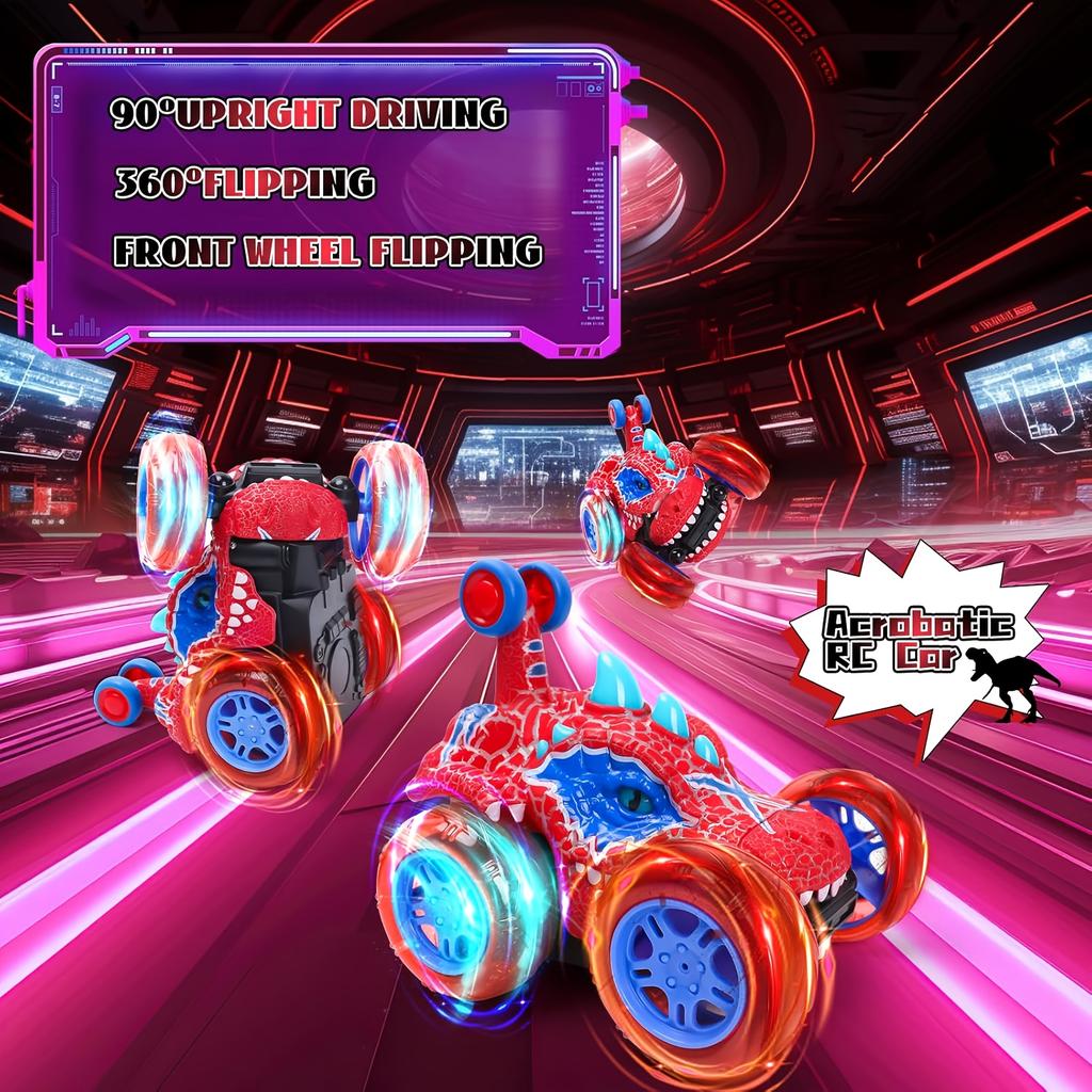 Dinosaur Stunt Car, 2.4GHz Wireless Remote Control, Bright Flashing Lights, Fun Racing Game