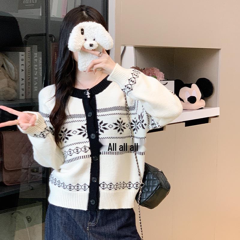 2025 Autumn/Winter Retro Color Block Fair Isle Loose Knit Sweater Cardigan for Women