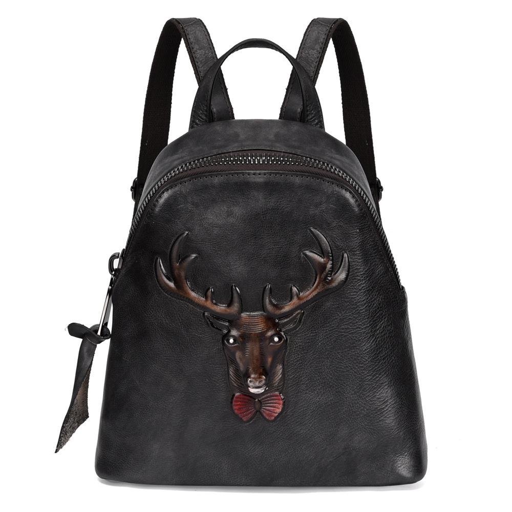 Johnature Genuine Leather Backpack Women Bag Vintage Animal Prints Embossing Leisure Large Capacity Outdoor Travel Bags