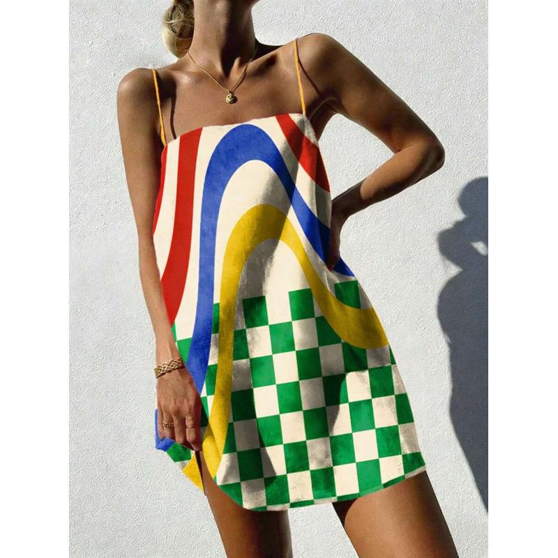 European Bohemian Vacation Striped Tropical Plant Print Casual Suspender Dress Women S