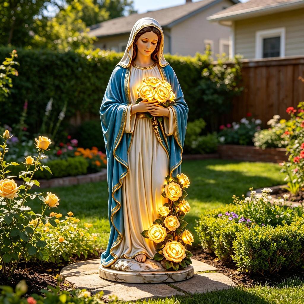 Mary Lady Garden Light Solar Resin Waterproof Decorative Lights Mary Statue Flowers Goddess Statue with LED Luminous Rose