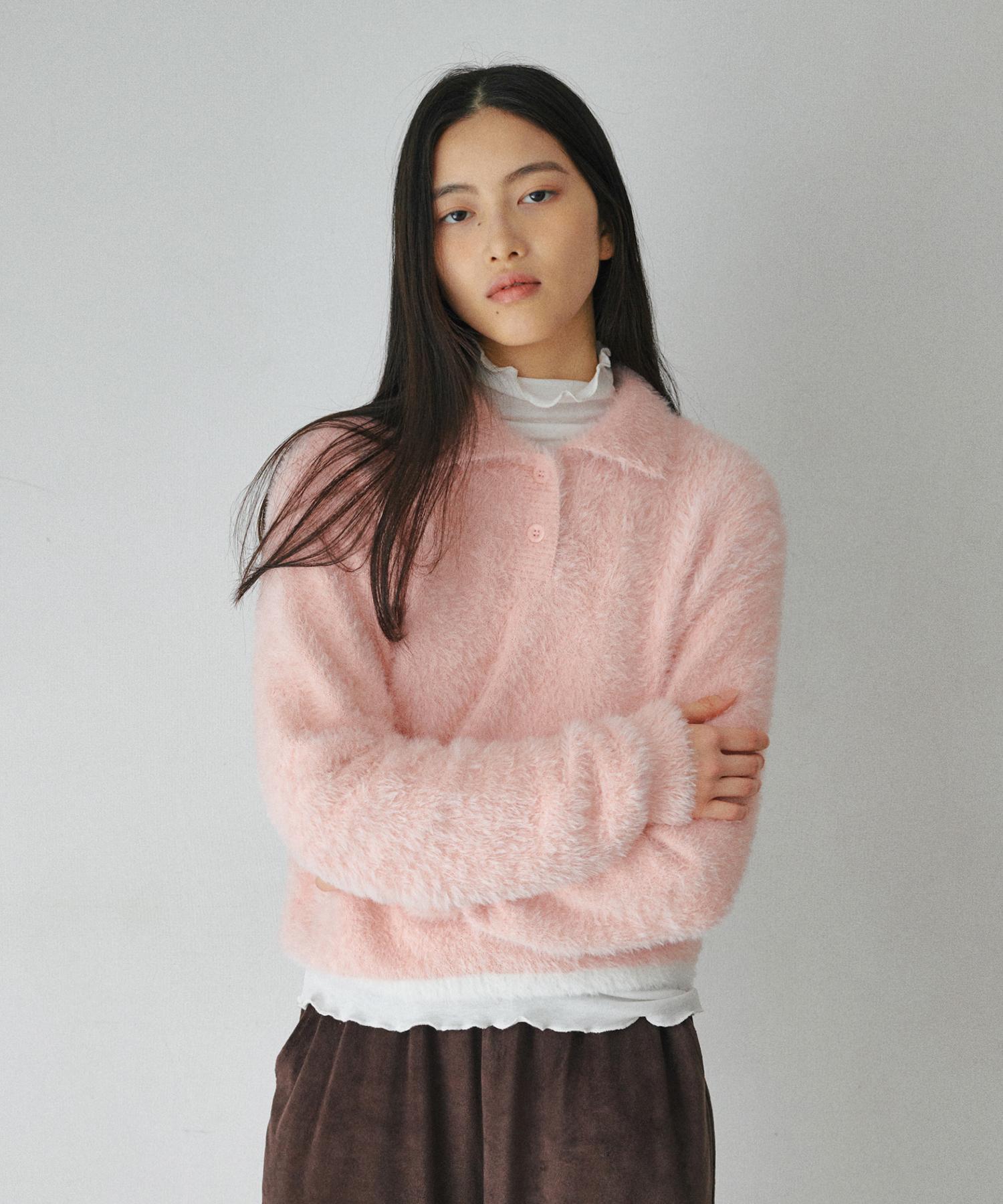 Belloel Crop Hairy Collar Knit Pink