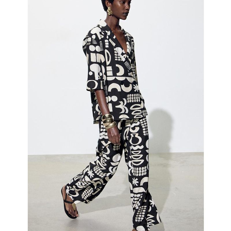 Watercolor Pattern Long Sleeves Lapel Suit Outwear 2664595 High Waist Vertical Straight-Leg Trousers 2662595