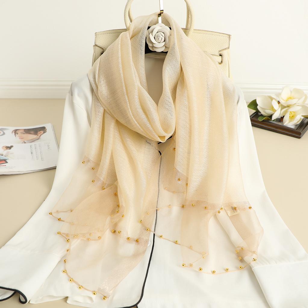 Solid Beading women scarf summer silk scarves lady shawl wrap hijab foulard female bandana pashmina Pearl jewel headband
