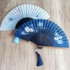 Mogan Fan Blue Fan Lily Cotton Folding Fan Retro Female Fan Daily Use Folding Fan for Cheongsam Han Dynasty